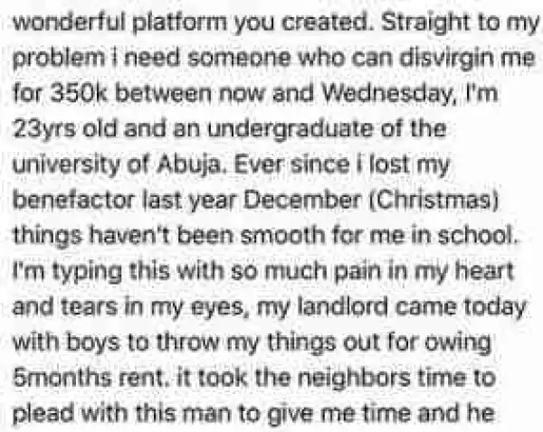 "I need someone who can disvirgin me for N350k